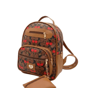 Mochila Casual Marrón con Estampado de Cerezas y Monedero