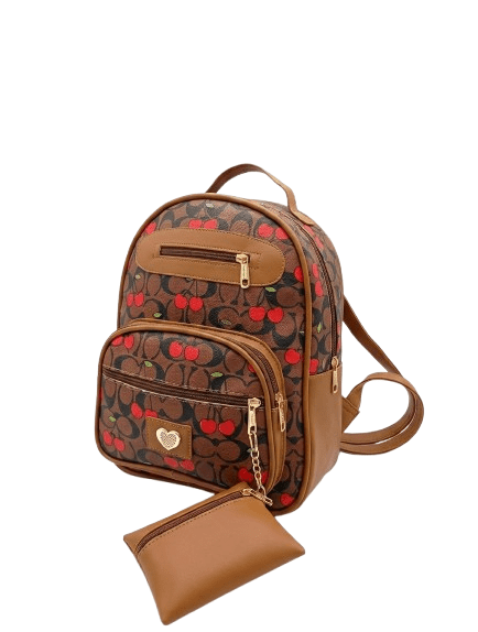 Mochila Casual Marrón con Estampado de Cerezas y Monedero